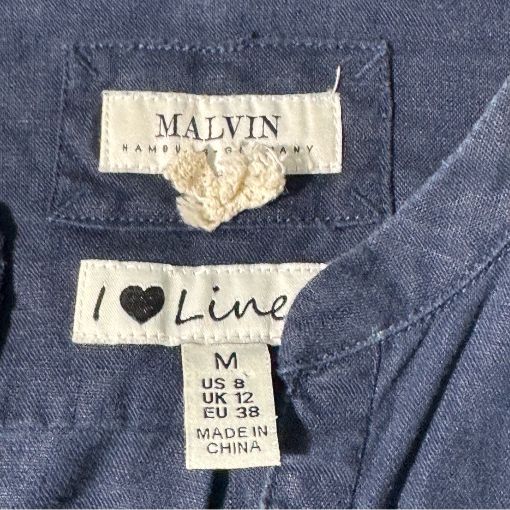 Malvin I ❤️ Linen Navy Shirt Dress Size M Button Front Midi Minimalist Classic - Picture 4 of 12